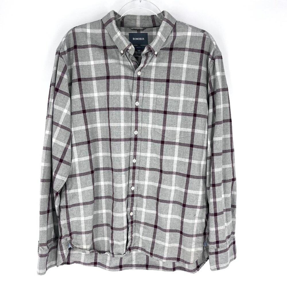 Bonobos Plaid Long Sleeve Cotton Button Down‎ Shirt Grey Maroon Slim Fit XXL